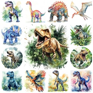 Paquete de 61 imágenes PNG de dinosaurios, imágenes de acuarela de Jurassic Park, ilustración de dinosaurios para guardería, imágenes prediseñadas de cumpleaños de dinosaurios, uso comercial