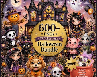 Mega Halloween Clipart Bundle, 600+ PNG Designs, Spooky Ghost Pumpkin Witch Cat, Cricut POD (Commercial Use)