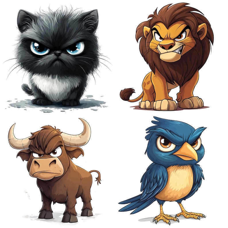 May include: A digital illustration of four cartoon animals with angry expressions. A black cat, a brown bull, a blue bird, and a lion with a brown mane.