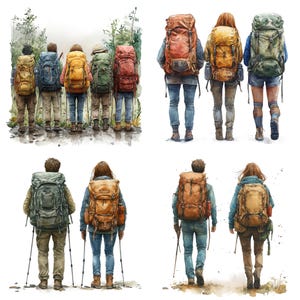 May include: Watercolor illustration of hikers with large backpacks. The image shows groups of people from the back, wearing various colored backpacks, hiking poles, and outdoor clothing. The style is artistic and evokes a sense of adventure.