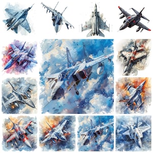 May include: A watercolour painting depicting ten different fighter jets in various poses. The jets are painted in shades of grey, blue, and white, with some featuring red accents. The background is a soft, watercolour wash of blue and white.
