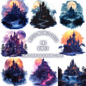 32 Mystic Moonlit Castle PNG Clipart Bundle, Watercolor Fantasy Castle Illustration, Mystical Night Castle Design Sublimation Commercial Use