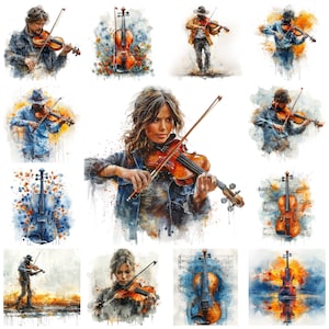 48 Violin PNG Clipart, Watercolor Violinist Dynamic Pose Illustration, Classical Musician Image, Fiddler Transparent Picture, Commercial Use