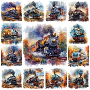 Aquarel trein clipart, locomotief spoorwegscène (digitale png-download)