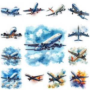 Pacote de 36 clipart de avião aquarela PNG, ilustração de aviões de passageiros, fabricação de cartões de aeronaves, artesanato de papel de avião, licença de uso comercial