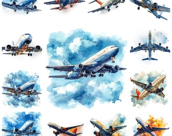 Paquete de imágenes prediseñadas de aviones en acuarela, para uso comercial (descarga digital PNG)