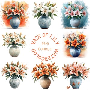Peut inclure: Un ensemble de dix illustrations à l'aquarelle de lys dans des vases. Les lys sont de différentes couleurs, notamment le blanc, le rose et l'orange. Les vases sont tous de formes et de tailles différentes, et certains ont un motif floral. Les illustrations sont toutes sur un fond aquarelle.