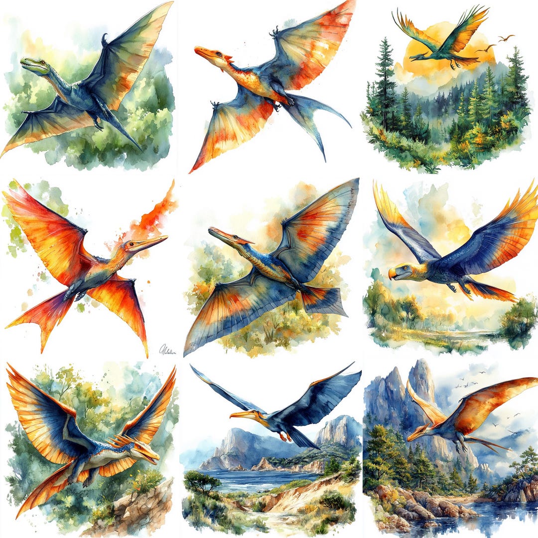 50 Pterodactyl Dinosaurs PNG Clipart Bundle, Watercolor Jurassic Park ...