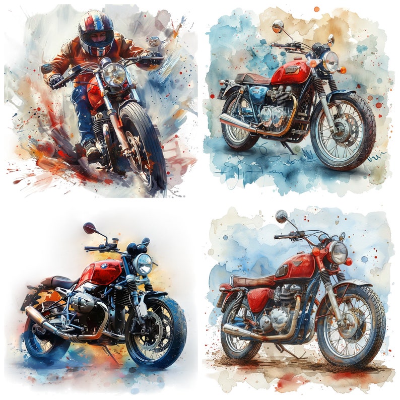 May include: Four watercolor illustrations of vintage motorcycles. Each motorcycle is a different color and has a unique design. The motorcycles are set against a watercolor background.