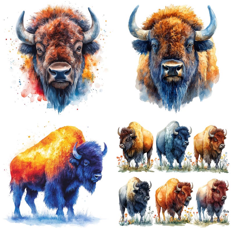 25 American Bison PNG Clipart Bundle, Watercolor Bison Wild Life ...