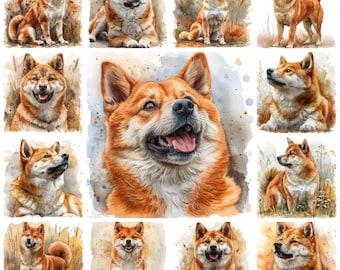 Puede incluir: Una pintura digital de diez perros Shiba Inu en varias poses. Los perros están representados en un estilo acuarela con colores suaves y apagados. El fondo es un patrón claro y abstracto.