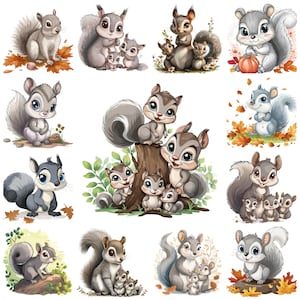 Collection de cliparts PNG dessin animé écureuil gris, adorable image de famille 40 écureuils gris, illustration animée écureuil, usage Commercial