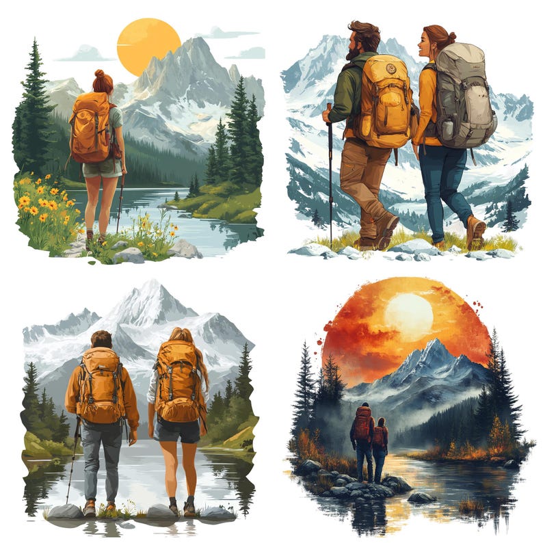 May include: Four illustrations of people hiking in mountainous landscapes. Each image features hikers with backpacks, trekking poles, and scenic views of mountains, lakes, and forests. The color palette includes oranges, greens, and blues, with a focus on outdoor adventure.