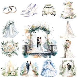 Puede incluir: Un conjunto de ilustraciones de acuarela con temática nupcial. El conjunto incluye un pastel de bodas blanco con decoraciones florales, un coche blanco con decoraciones florales, un ramo de flores blancas, un par de zapatos de boda blancos, dos anillos de boda, un vestido de novia blanco, un arco de boda con vegetación, una pareja casándose bajo el arco, una pareja sosteniendo un ramo, un vestido de novia, un vestido de novia con velo, un vestido de novia con velo, una pareja caminando por el pasillo, una pareja casándose bajo un arco y un par de velas blancas con flores blancas.