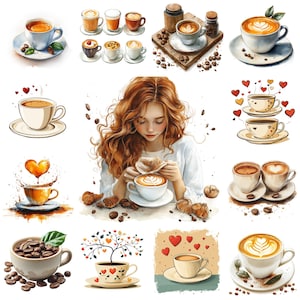 45 Coffee Day PNG Clipart Bundle, Illustrazione di amante della cassa ad acquerello, Immagine di espresso, Album di ritagli, Creazione di biglietti, Artigianato di carta, Uso commerciale