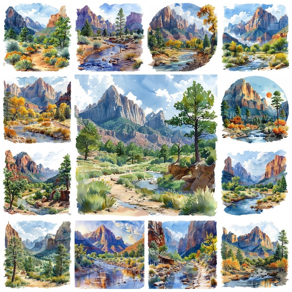 42 Zion National Park PNG Landscape Clipart, Watercolor Zion Canyon Utah Scenery, Southwest Adventure Natural Wonders View Mountain Peak PNG