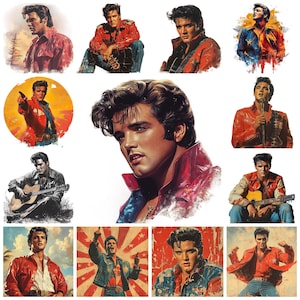 37 vintage Elvis Presley PNG Clipart Bundle, rétro des années 1950 Rock and Roll Elvis Concert Pose dynamique Illustration, musicien carte usage Commercial