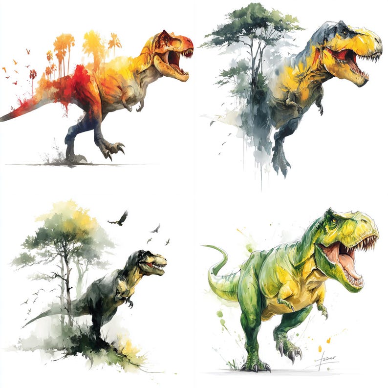 50 T-rex Dinosaurs PNG Clipart Bundle, Watercolor T - Rex Jurassic Park ...