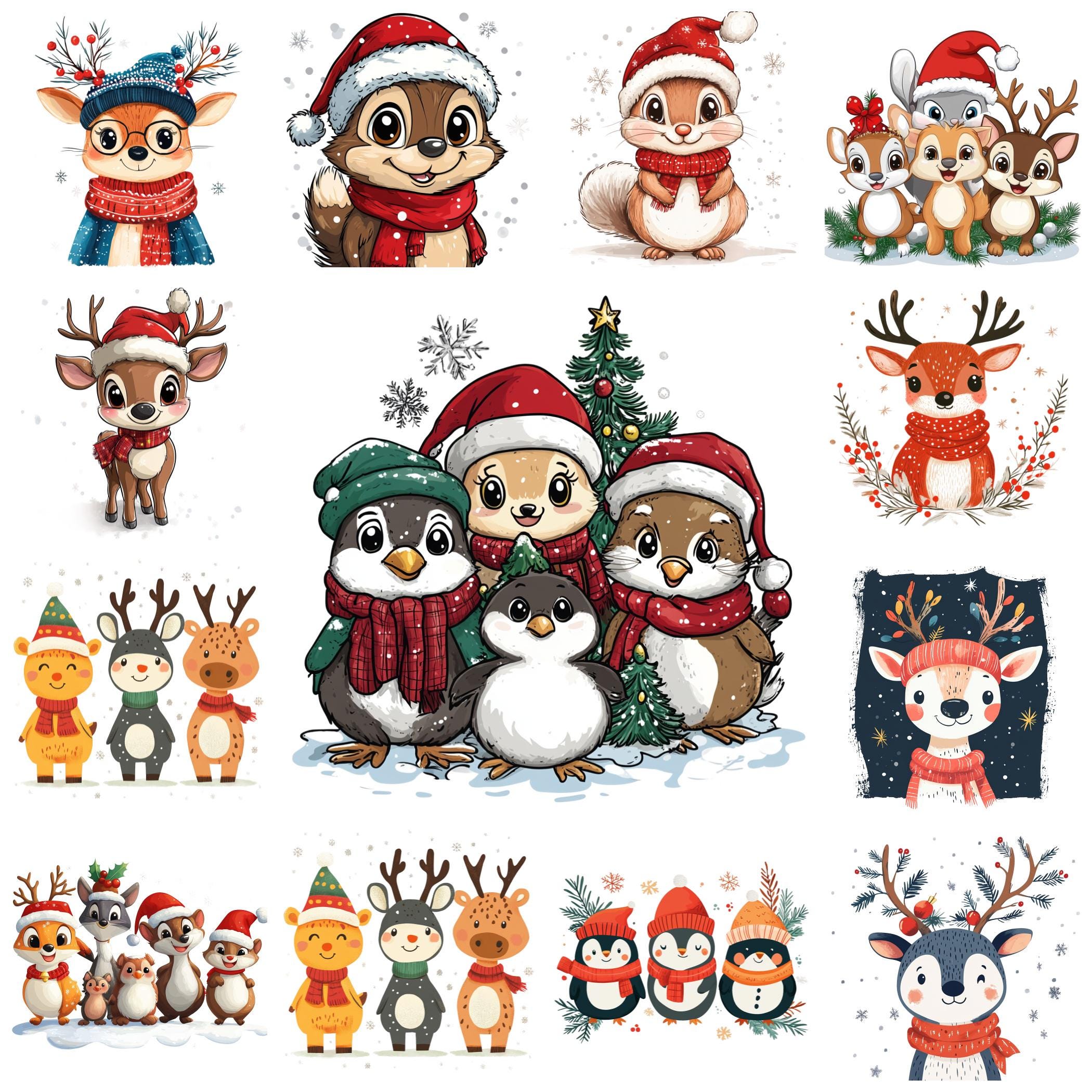 40 Quirky Christmas Animals PNG Clipart Bundle, Minimalist Adorable Xmas Animals Illustration, Festive Cartoon Animals Image, Commercial Use