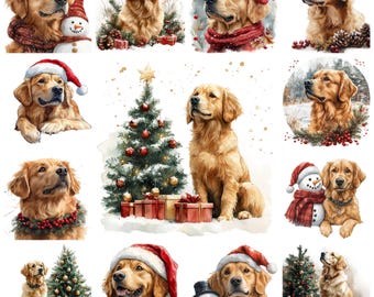 36 Christmas Golden Retriever PNG Clipart Bundle, Watercolor Xmas Golden Retriever Dog Breed Illustration, Festive Dog Image, Commercial Use