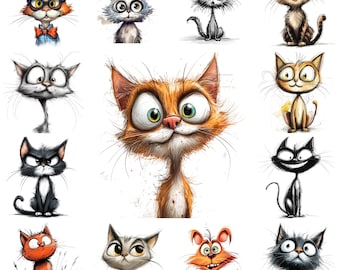 May include: A collection of 13 cartoon cats with various expressions and colours. The cats are drawn in a whimsical style with exaggerated features.