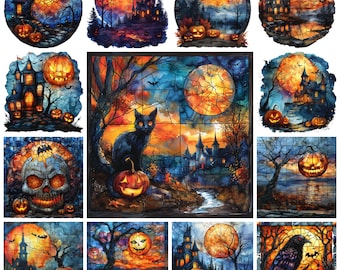 Stained Glass Halloween Clipart, Spooky Scenery PNG (Commercial Use)
