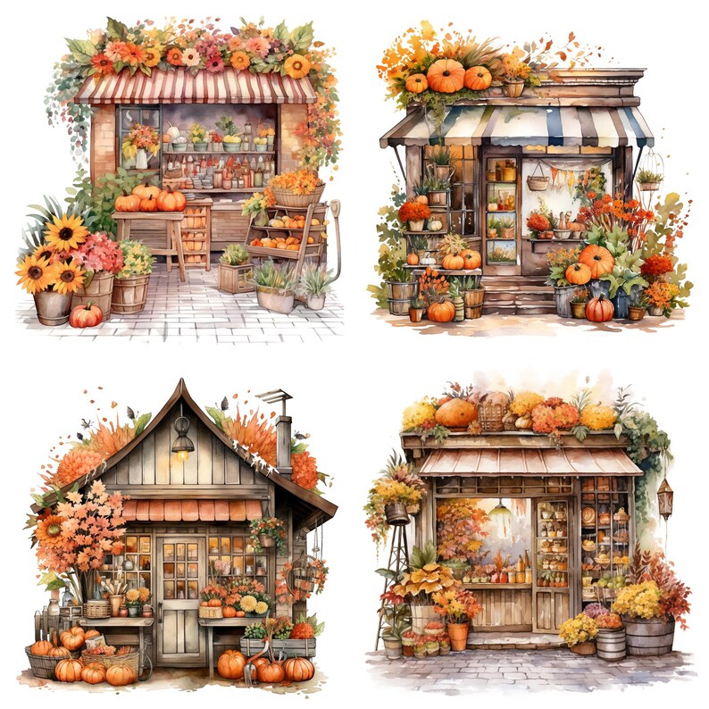 Watercolor Fall Flower Shop Clipart Bundle (PNG, Commercial Use) - Etsy