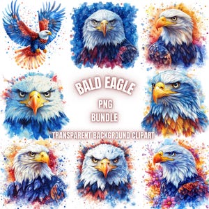 26 Bald Eagle PNG Clipart Bundle, Watercolor Bald Eagle Scenery Illustration, North American Eagle PNG Sublimation, Wild Bird Commercial Use