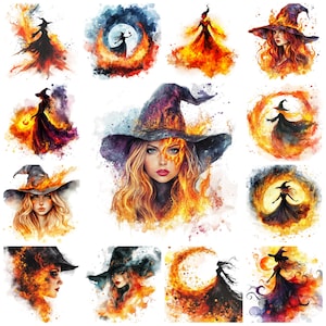 44 Fire Witch Clipart PNG Bundle, Watercolor Flaming Witchcraft Illustration, Fire Spellcaster Images, Burning Witch Hat, Commercial Use