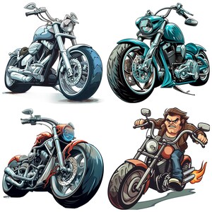 May include: Four cartoon illustrations of motorcycles. The first motorcycle is silver with a black seat and black exhaust pipes. The second motorcycle is blue with a black seat and black exhaust pipes. The third motorcycle is red with a black seat and black exhaust pipes. The fourth motorcycle is orange with a black seat and black exhaust pipes. All motorcycles have black wheels and chrome accents.