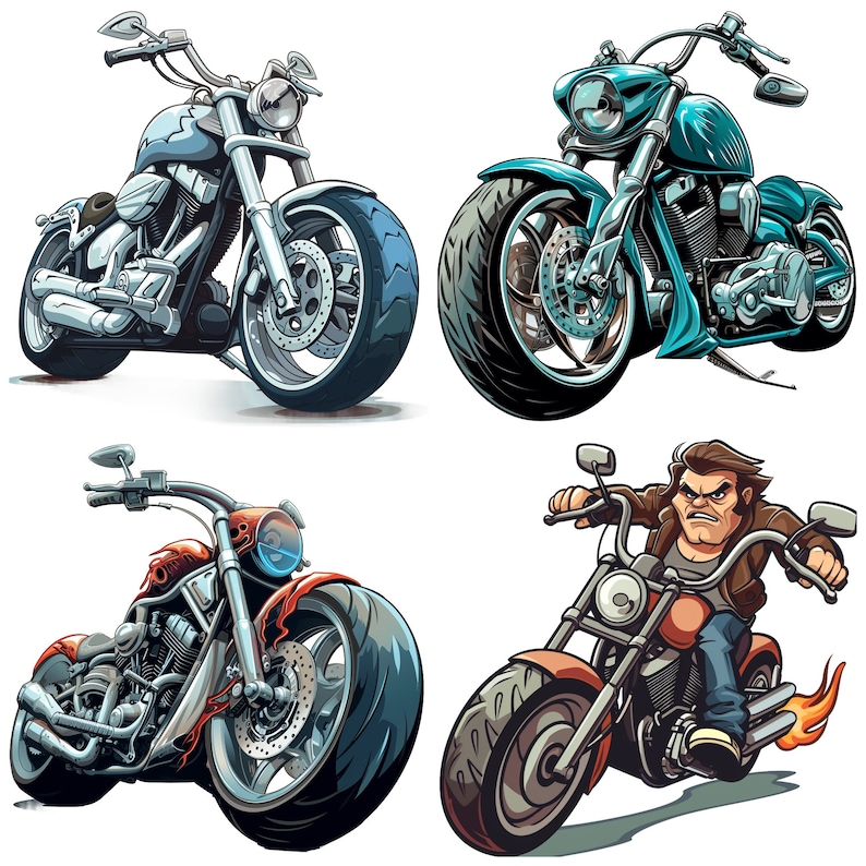 May include: Four cartoon illustrations of motorcycles. The first motorcycle is silver with a black seat and black exhaust pipes. The second motorcycle is blue with a black seat and black exhaust pipes. The third motorcycle is red with a black seat and black exhaust pipes. The fourth motorcycle is orange with a black seat and black exhaust pipes. All motorcycles have black wheels and chrome accents.