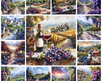 23 Vineyard Landscape PNG Clipart, Watercolor Grape Yard Scenery, Grape-Bearing Vines, Wine Field Wine Bottle Pictures, Commercial Use