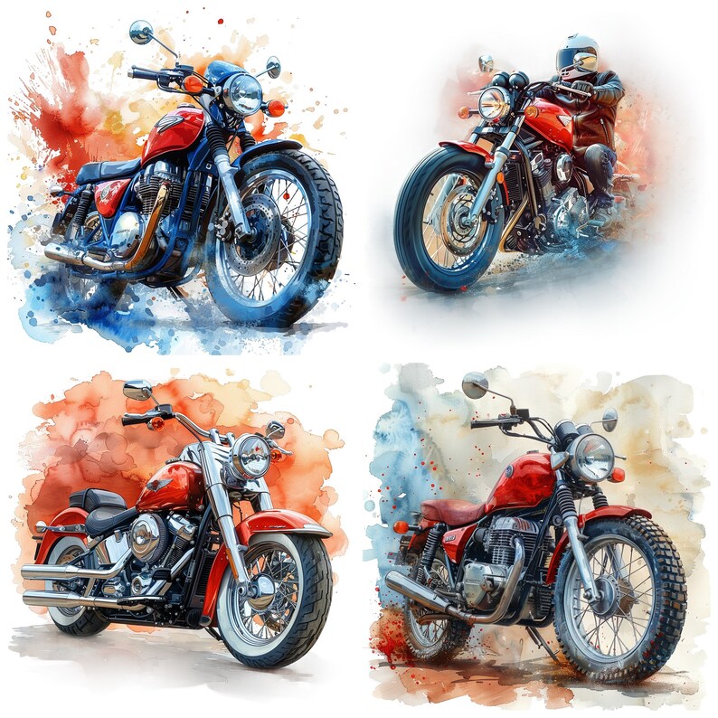 May include: Four vintage motorcycles in different styles, painted in watercolor with splashes of color. The motorcycles are red and black with chrome accents.