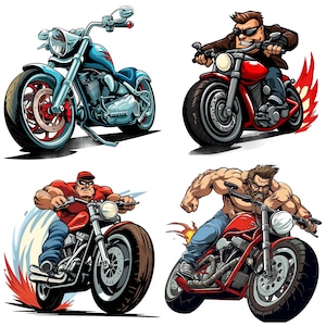 May include: Four illustrations of people riding motorcycles. The first motorcycle is blue with a red seat, the second is red with a black seat, the third is black with a red seat, and the fourth is red with a black seat.