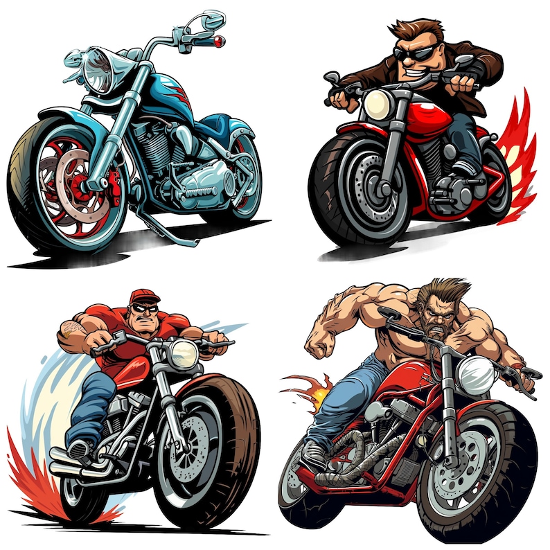 May include: Four illustrations of people riding motorcycles. The first motorcycle is blue with a red seat, the second is red with a black seat, the third is black with a red seat, and the fourth is red with a black seat.