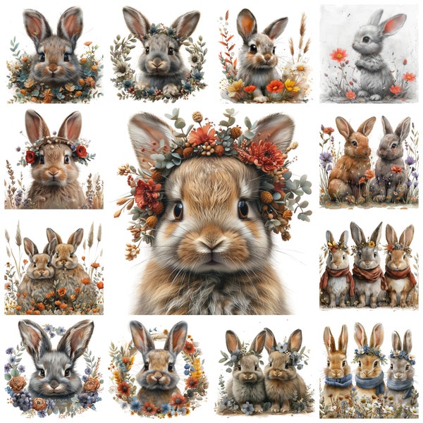 Bunny with Flowers PNG Clipart, Watercolor 42 Bunnies Floral Wreath Illustration, Cute Bunny and Flower Ring Image, Rabbit Floral Wreath PNG