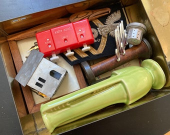 Junk Drawer Lot in Vintage Candy Tin, Lots of Cool Odds and Ends, Ephemera, Mid Century Vase, Wood Spool, Photo, Pen Nibs, Tin House, More!