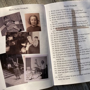 May include: An open book page featuring a list titled Faith Prompts with 27 numbered writing exercises and a large cross graphic. The left page displays four black and white vintage photographs showing people in various domestic and outdoor settings.