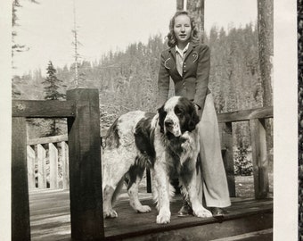 Vintage Photo, Woman & Saint Bernard, Vernacular, Original Photo, Found Photograph, Old photo, Snapshot