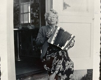 Vintage Photo, Grandma Plays the Squeezebox Accordion, Vernacular, Original Photo, Found Photograph, Old photo, Snapshot