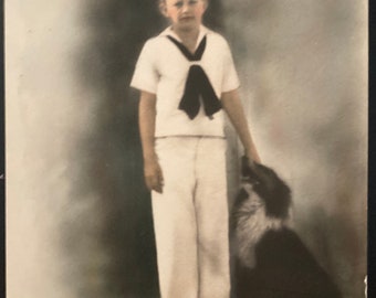 Vintage Photo, Sailor Boy & Dog, Hand Colored, Tinted - Vernacular, Original Photo, Found Photograph, Old photo, Snapshot, Vintage Photo