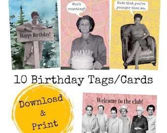 10 Vintage Photo Birthday Tags. Birthday Cards, Download & Print, PDF, Funny Tags, Funny Birthday, Over the Hill, Landmark Birthday