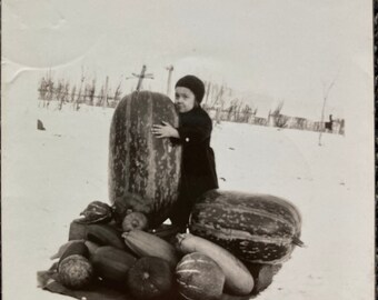 Vintage Photo, Kid with Giant Vegetables in the Snow, Odd, Vernacular, Original Photo, Found Photograph, Old photo, Snapshot