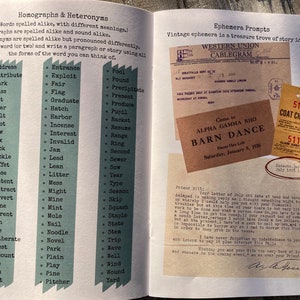 May include: An open book page featuring a list of homographs and heteronyms on the left, and a collection of vintage ephemera on the right, including a Western Union cablegram, a Barn Dance ticket, a coat check tag, and a typed letter dated 1931.