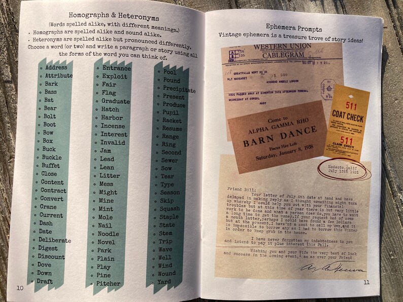 May include: An open book page featuring a list of homographs and heteronyms on the left, and a collection of vintage ephemera on the right, including a Western Union cablegram, a Barn Dance ticket, a coat check tag, and a typed letter dated 1931.