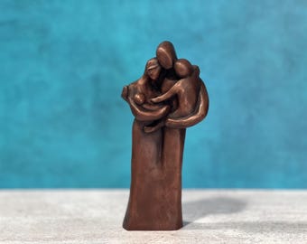Copper Family of Four w/ Newborn Baby and Young Toddler 7 Year Anniversary Copper Sculpture 7th Anniversary Gift for husband and wife