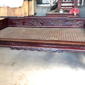 Antique Sofa - Intricate Woodwork Vintage Carved Wooden Classic Asian Rosewood Daybed with Rattan Inlay - Collectible Furniture