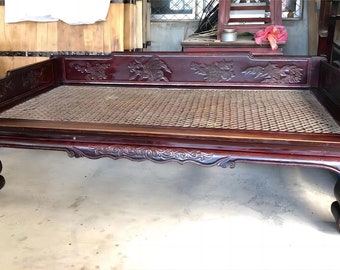 Antique Sofa - Intricate Woodwork Vintage Carved Wooden Classic Asian Rosewood Daybed with Rattan Inlay - Collectible Furniture