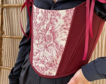 Burgundy Toile de Jouy Corset Top, French Rococo Vintage Stays, Romantic Ribbon Strap Bustier, Historical Victorian Style Renaissance Corset