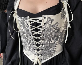 Toile de Jouy Corset Top, Renaissance Bodice Stays Vintage Strapless Costume Cottage Core  Front Lacing Bustier Corset plus size